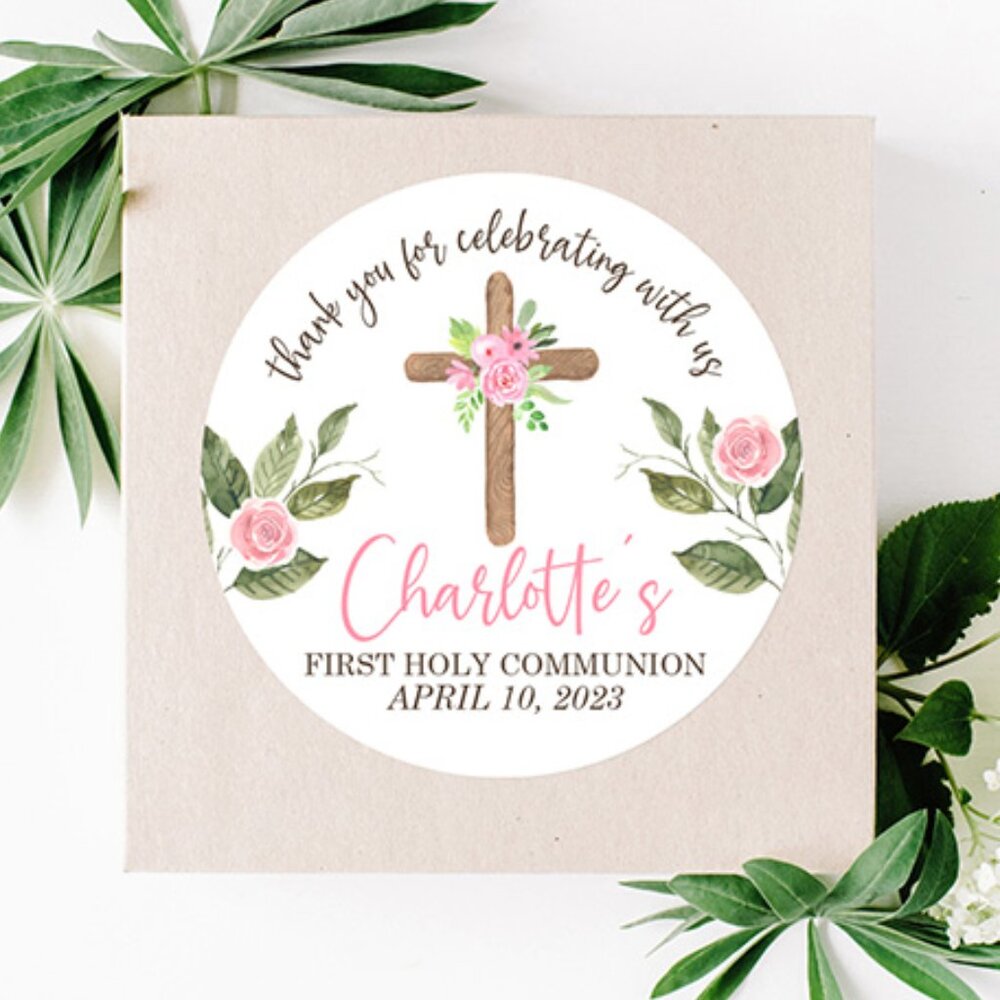 Personalized First Holy Communion Stickers, Pink Floral Cross Communion Stickers